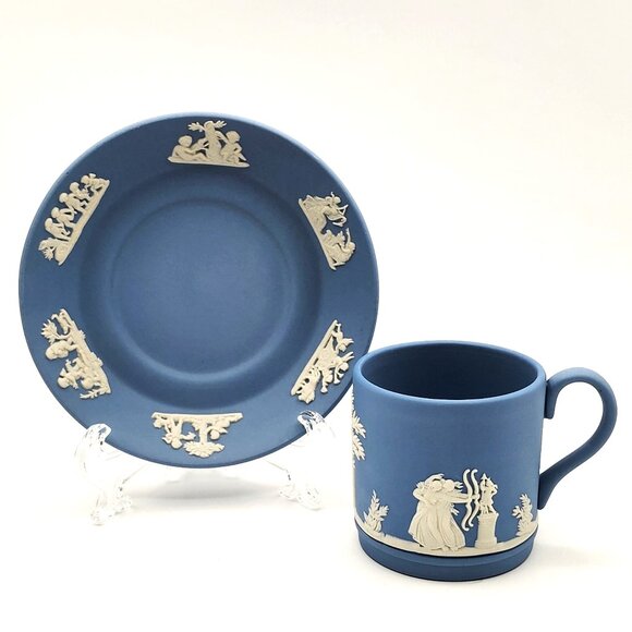 WEDGWOOD Vintage Blue Jasperware Tea Cup and Saucer Neoclassical Demitasse - Picture 1 of 10